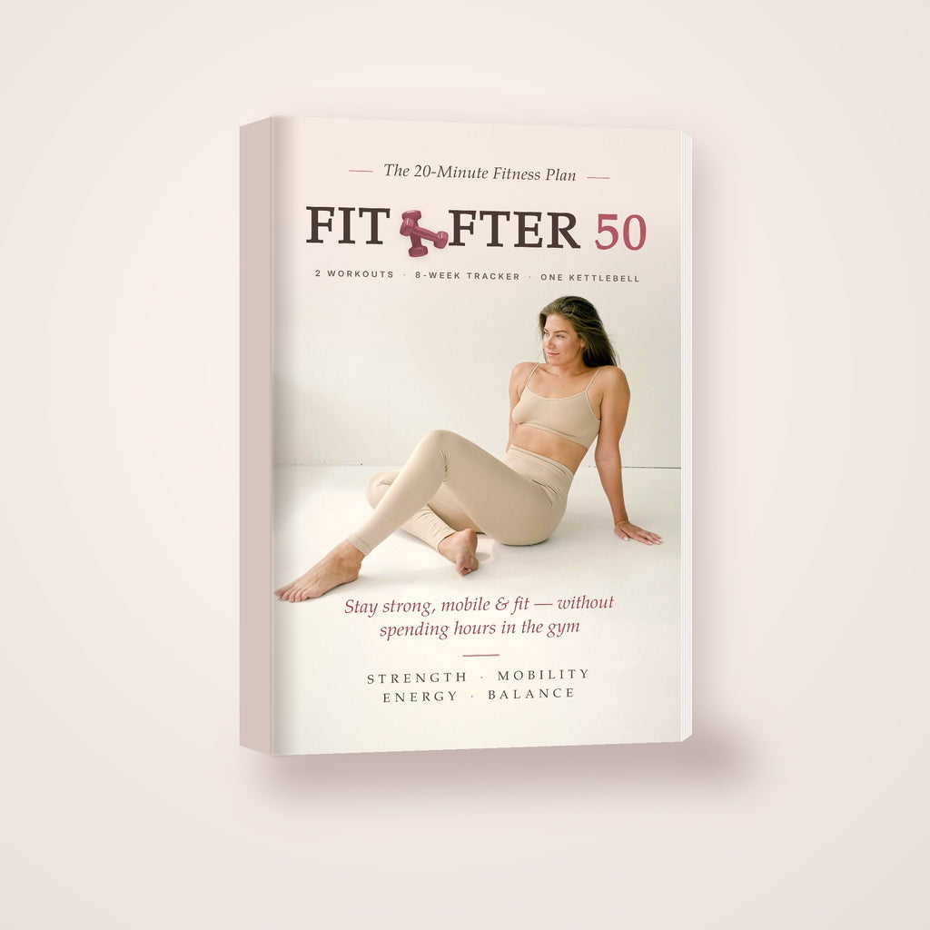 FIT AFTER 50 ebook for women over 50, shown as a book on a blush background