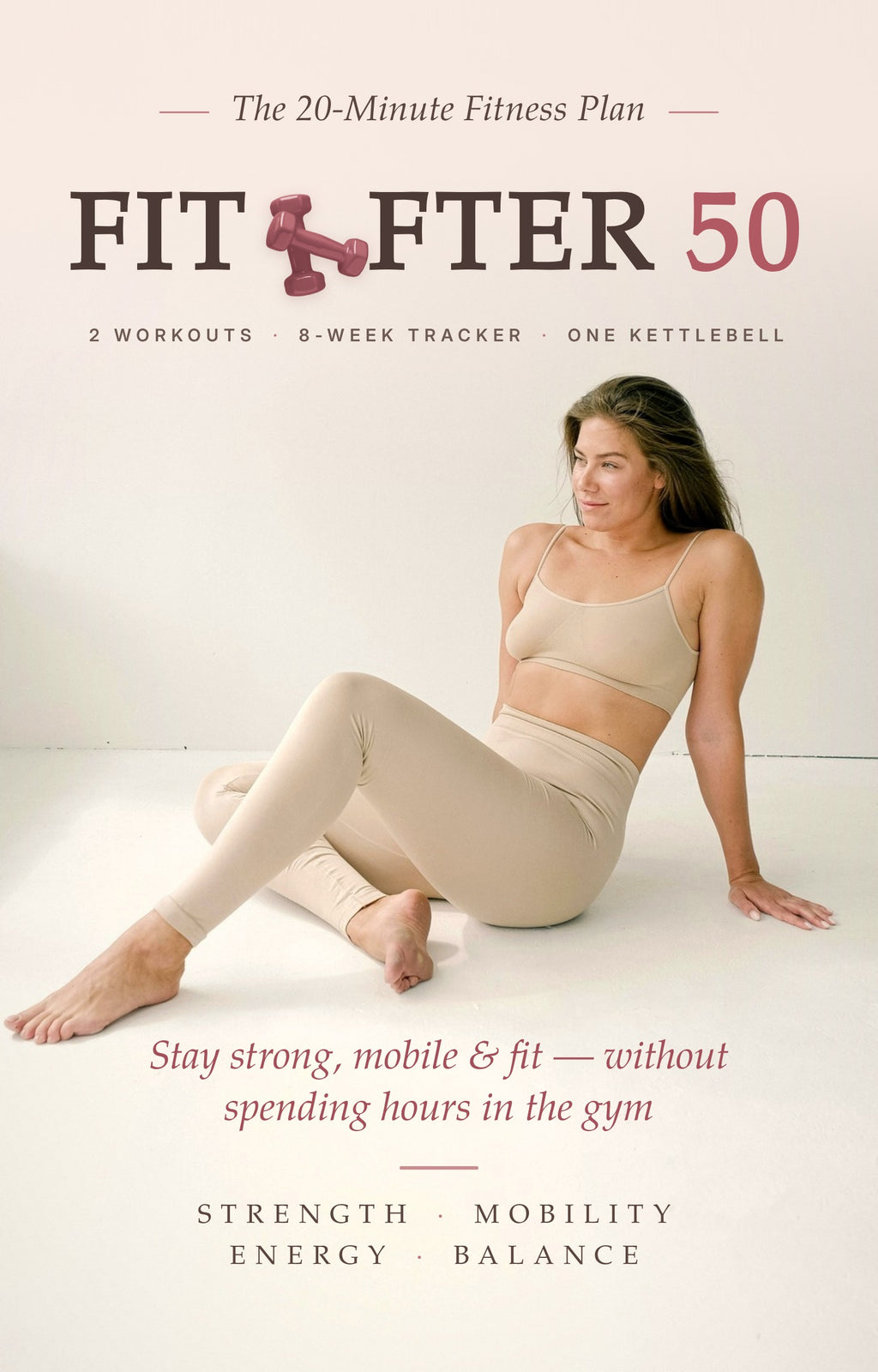 FIT AFTER 50 ebook front cover: The 20-Minute Fitness Plan, two workouts, 8-week tracker, one kettlebell